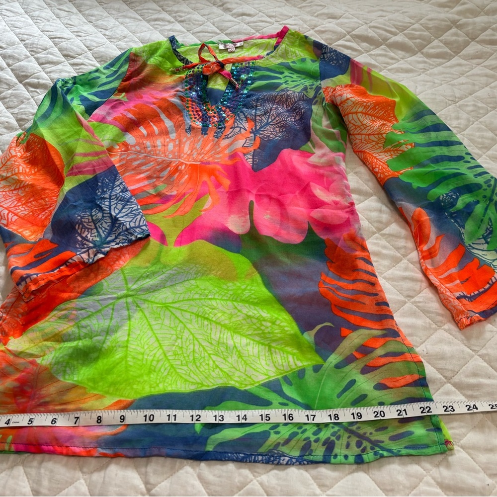 Colorful Leaf Print Sheer swimsuit cover up tunic. Side slits, sequins.